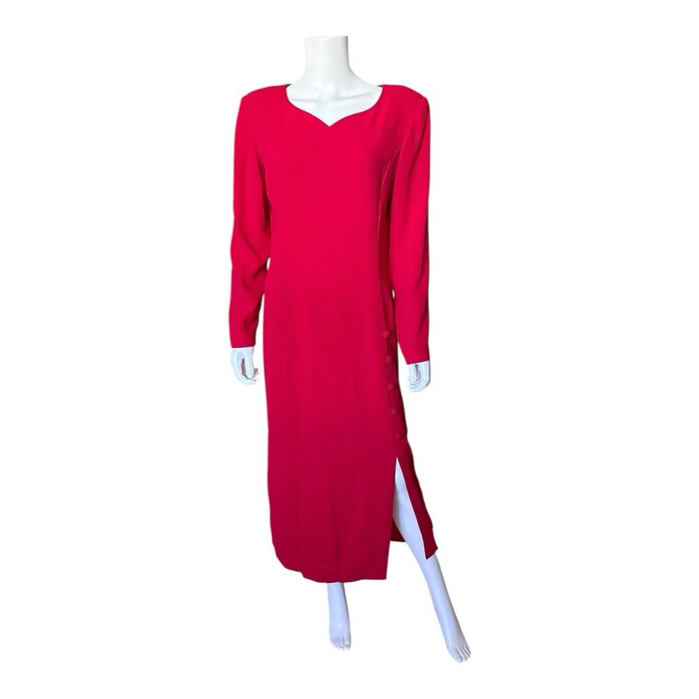 Casual Corner Maxi Dress Womens 12 Red Long Sleeve Side Button Slit Vintage
